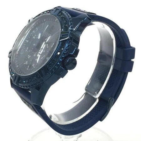 Guess Frontier Crystals watch shown at side angle with blue silicone strap