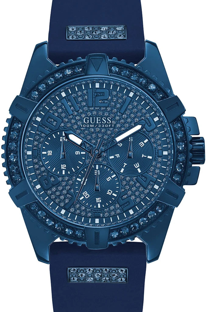 Guess Frontier Crystals blue dial watch with crystal-embellished bezel and blue silicone strap
