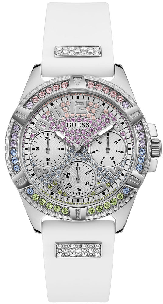 Guess Frontier silver chronograph women's watch with colorful crystal bezel and white rubber strap