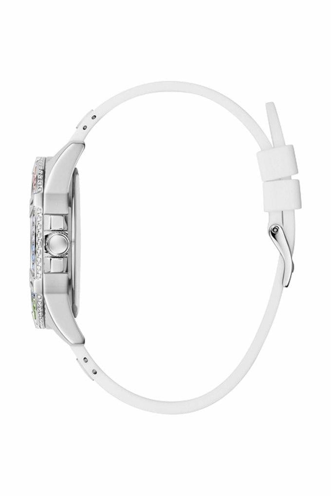 Guess Frontier women's watch side view showing white rubber strap and silver case profile