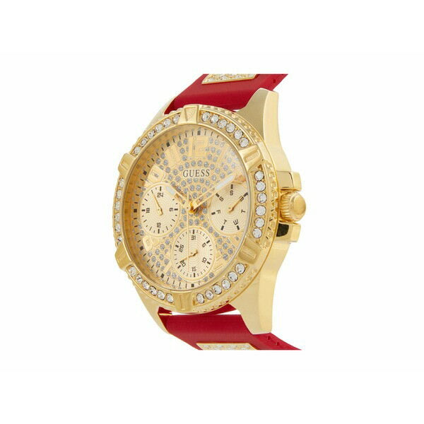 Side angle view of Guess Frontier watch showing gold case and red silicone strap