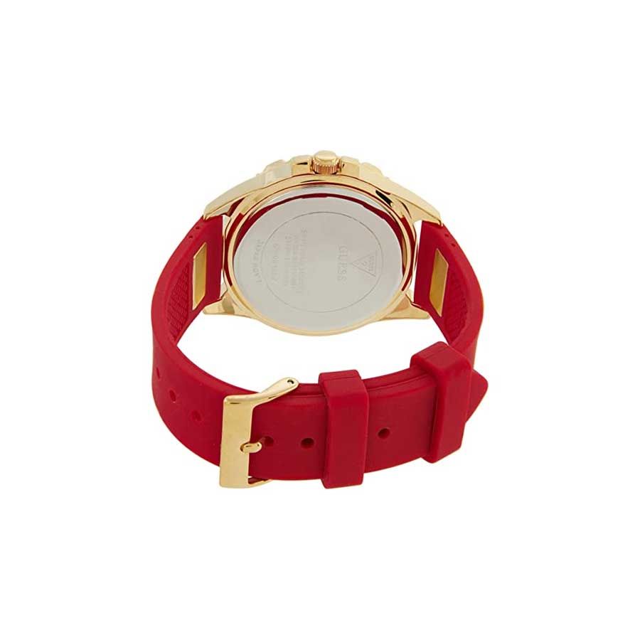 Guess Frontier watch caseback with red silicone strap and gold-tone hardware