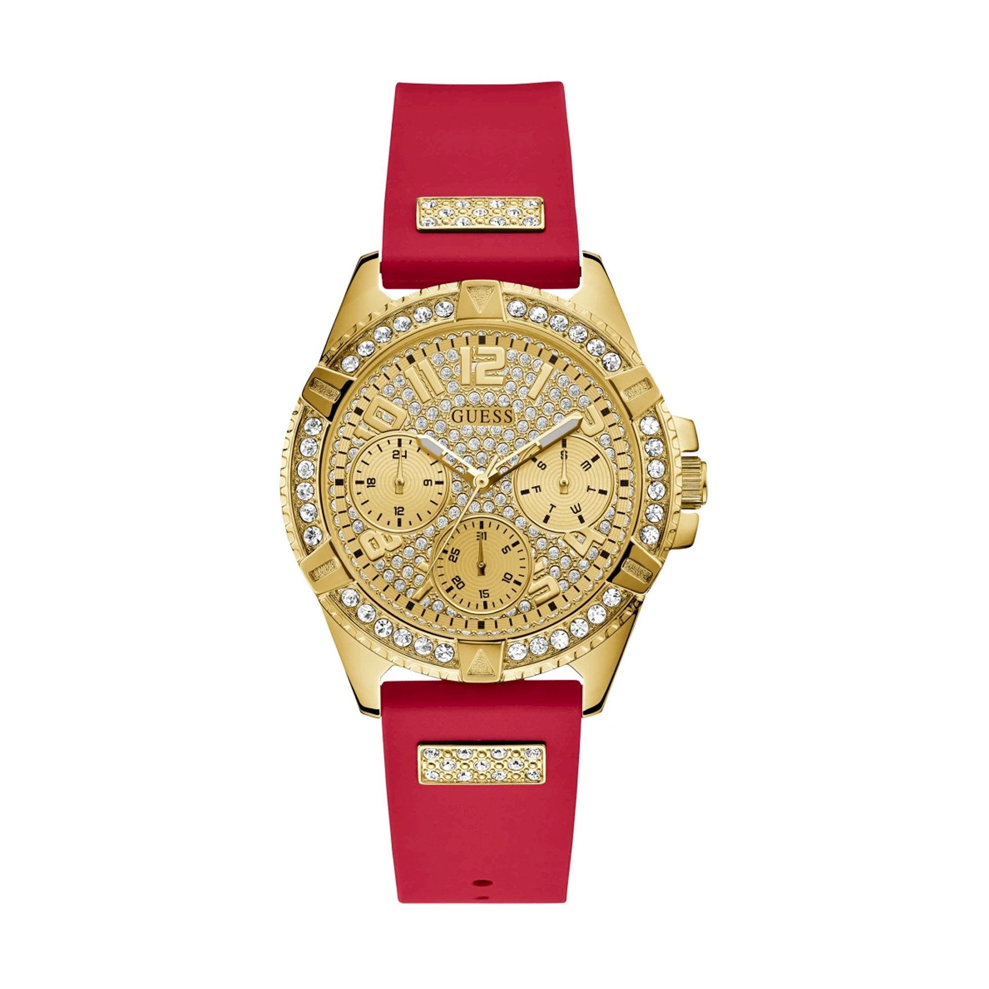 Guess Frontier women's watch with gold-tone case, crystal bezel, and red silicone strap