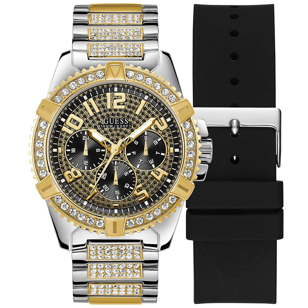 Guess Frontier two-tone chronograph watch with crystal bezel and interchangeable black strap