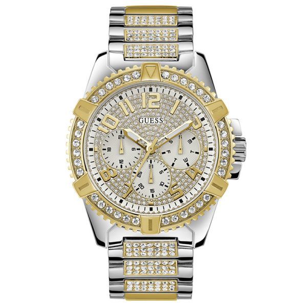 Guess Frontier two-tone stainless steel chronograph watch with crystal bezel and multi-function dial