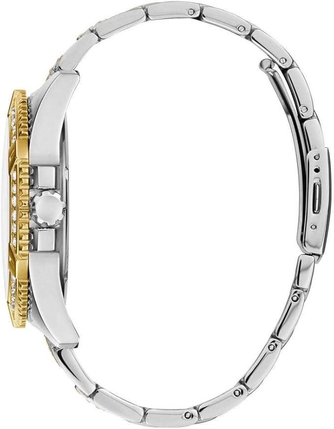 Guess Frontier watch side profile showing two-tone stainless steel bracelet and case