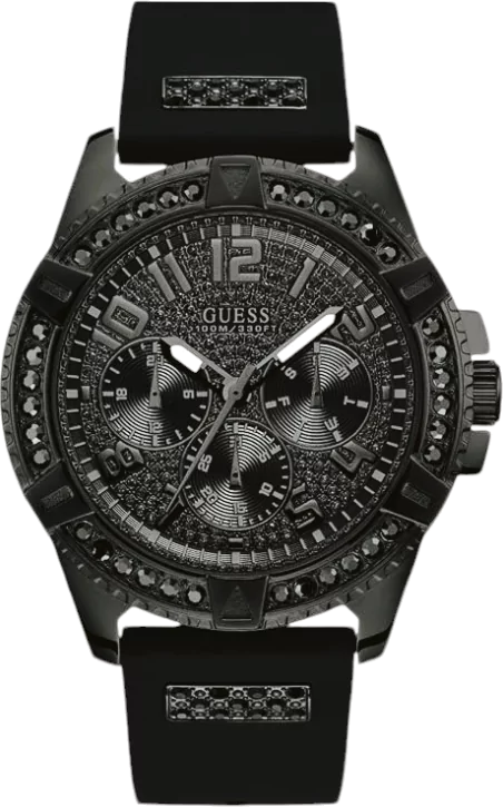 Guess Frontier Crystals black dial men's watch with crystal-set bezel and black silicone strap