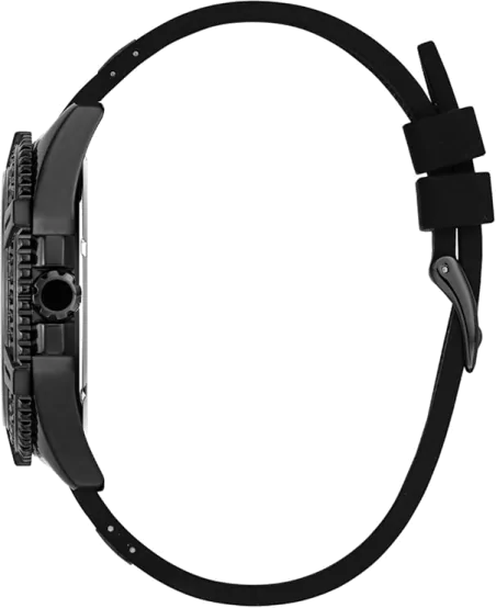Side view of Guess Frontier Crystals watch showing black silicone strap and case profile