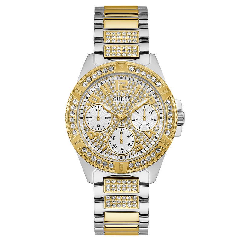 Guess Frontier chronograph women's watch with gold dial, crystal bezel, and two-tone steel strap