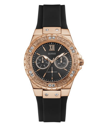 Guess Fusion multifunction watch with rose gold case, black dial, crystal bezel and black strap