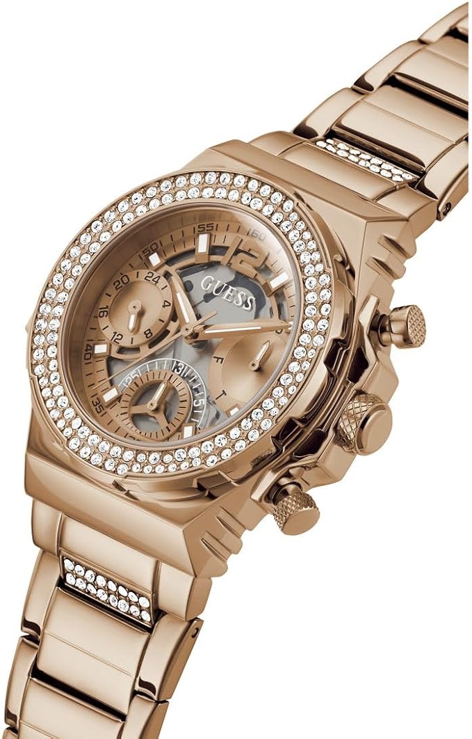 Angled view of Guess Fusion rose gold watch with multi-function chronograph dial