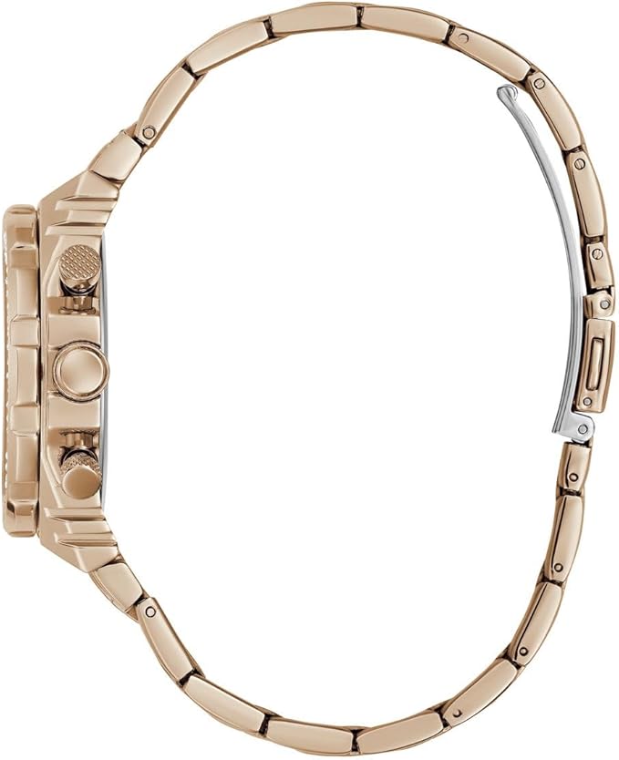 Side profile of Guess Fusion watch showing rose gold bracelet and case