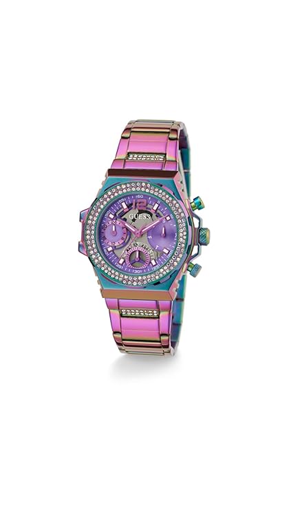 Guess Fusion women's watch at angle showing purple dial with chronograph subdials and colorful band