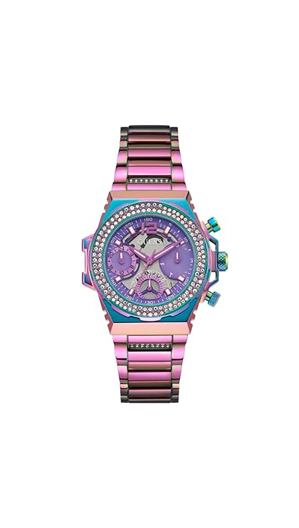 Guess Fusion purple chronograph watch with turquoise bezel and colorful stainless steel bracelet