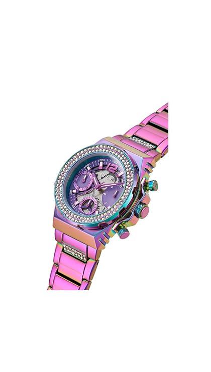 Guess Fusion chronograph watch worn on wrist showing purple face and multi-color bracelet