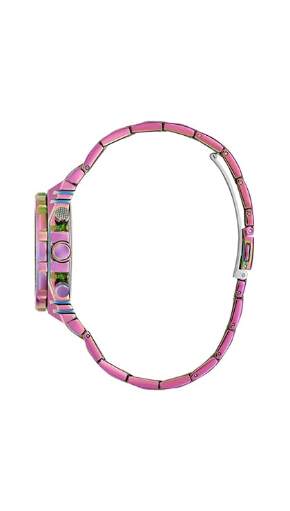 Side view of Guess Fusion purple watch showing colorful stainless steel bracelet and case profile