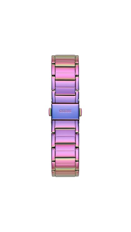 Guess Fusion watch bracelet detail showing purple, pink, and multi-color stainless steel links
