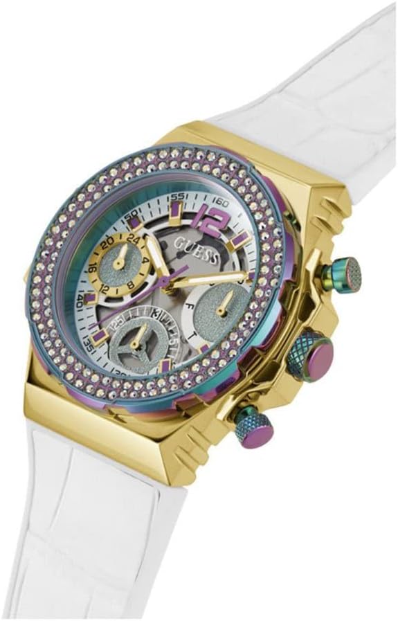 Guess Fusion Chronograph watch at angle showing gold case, crystal-set bezel, multi-dial face, and white strap