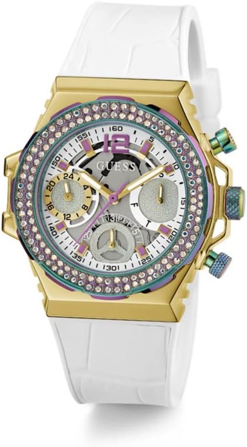 Guess Fusion Chronograph women's watch front view with gold tone case and white strap