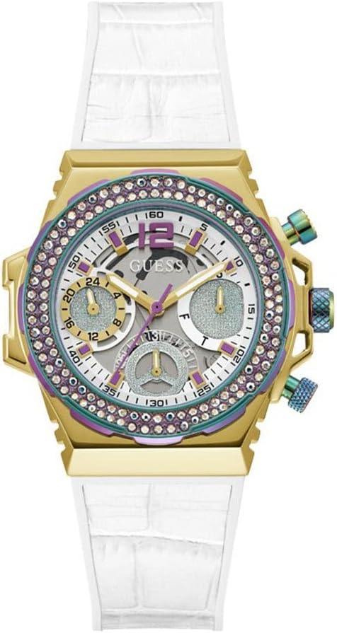Guess Fusion Chronograph women's watch with gold case, crystal bezel, and white rubber strap