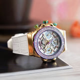 Guess Fusion women's chronograph watch model GW0553L2 with crystal-adorned bezel and multi-subdial face
