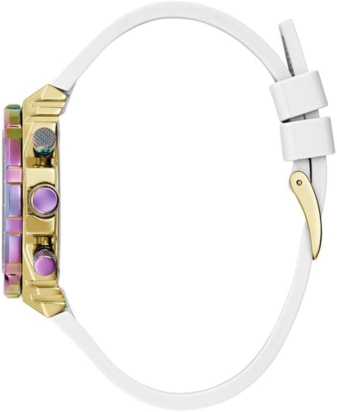 Guess Fusion watch side view showing gold case with purple and teal push buttons and white strap