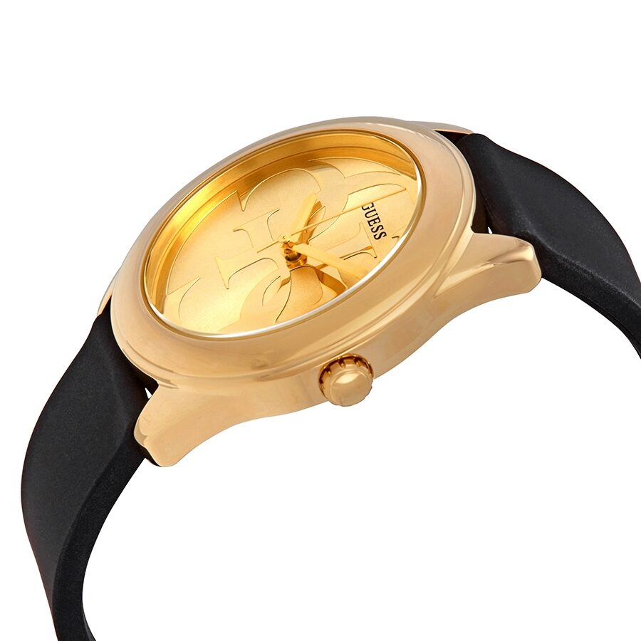 Guess G-Twist watch at angle showing rose gold case and black leather strap