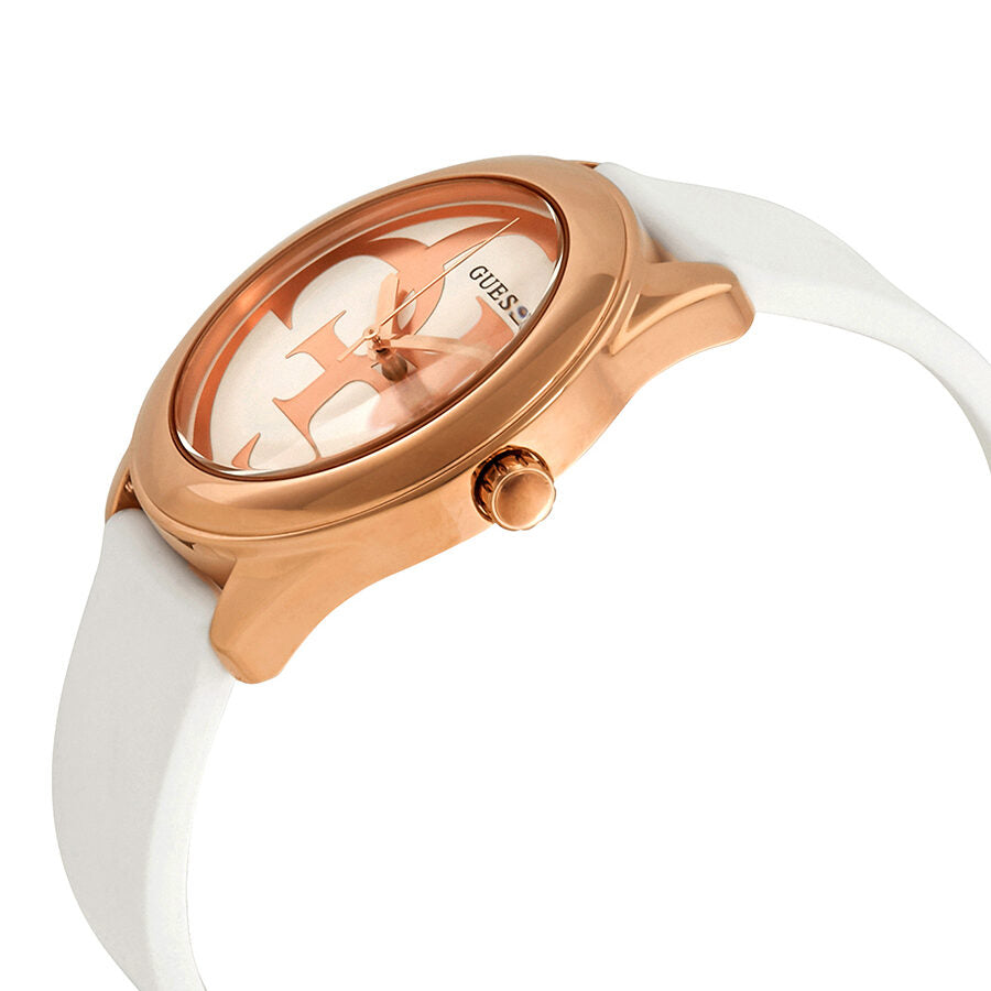 Guess G-Twist watch at side angle showing rose gold case profile and white strap