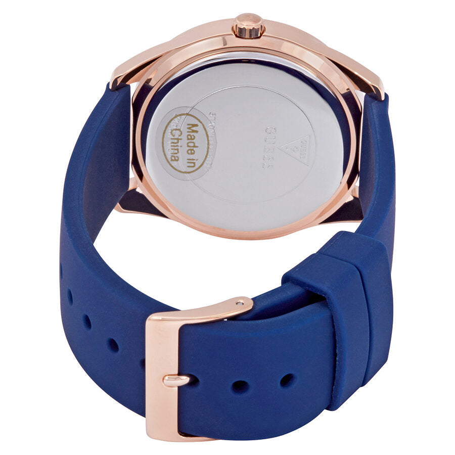 Guess G-Twist watch caseback showing stainless steel back with engraved details and blue strap