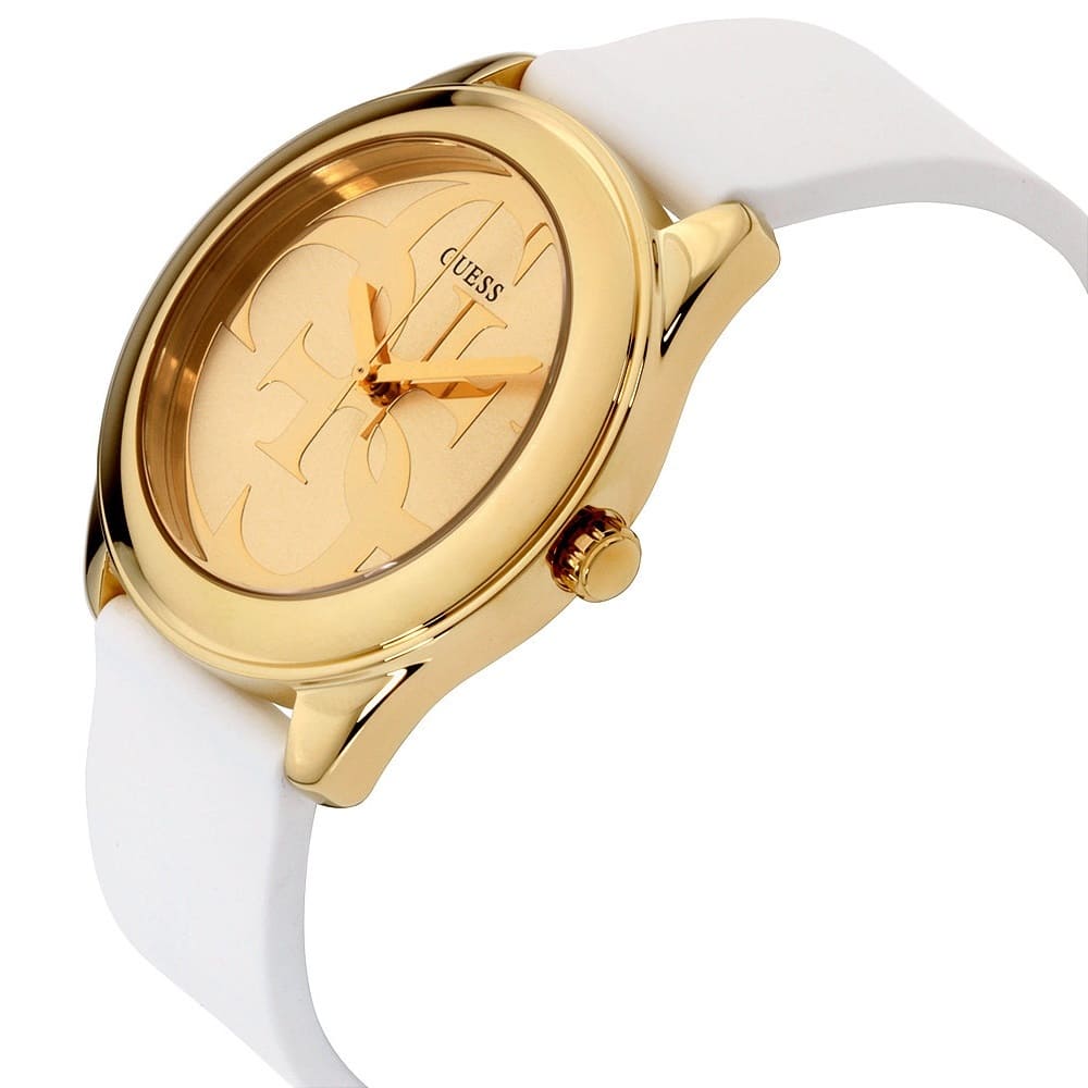 Side angle view of Guess G Twist watch showing gold case profile and white silicone strap