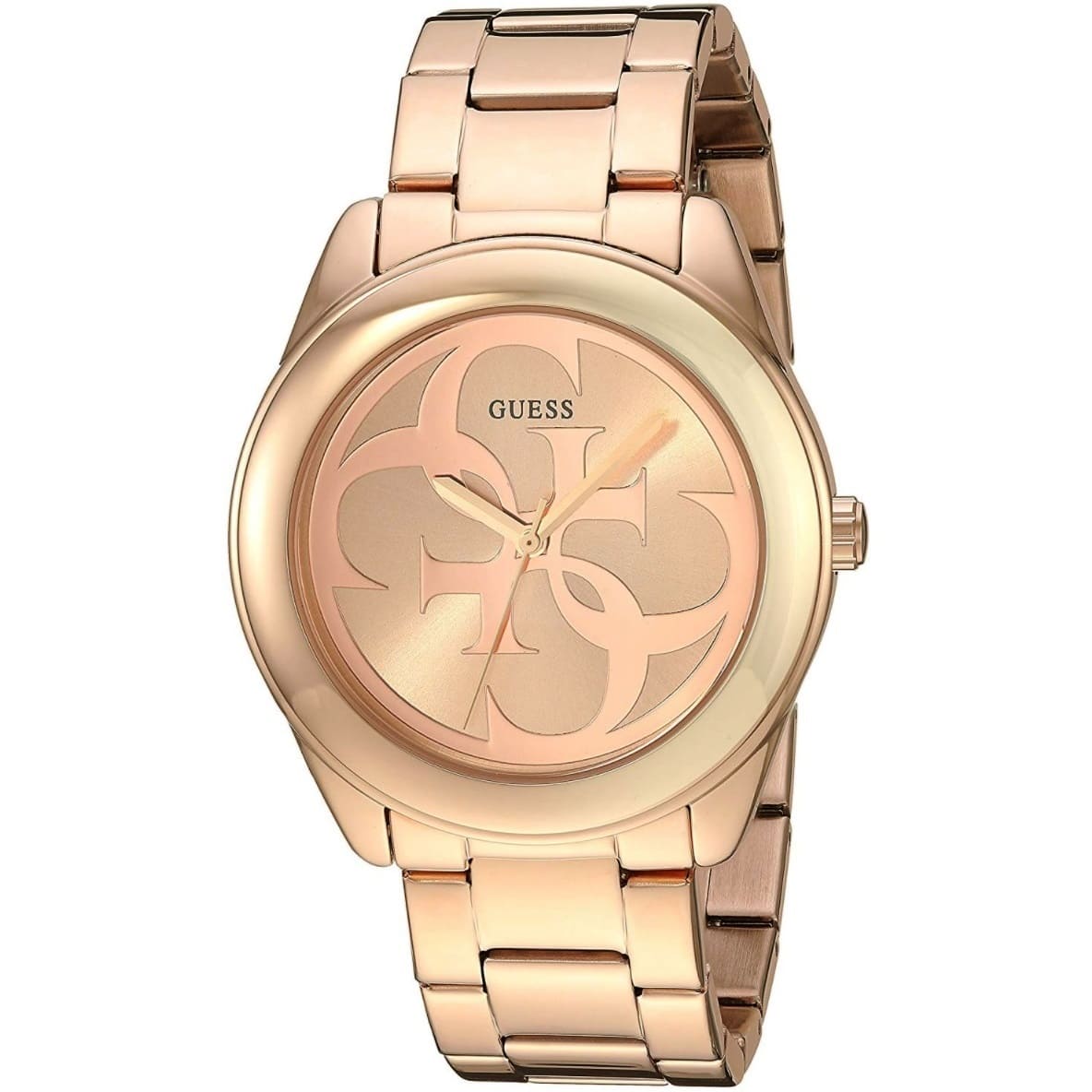 Guess G-Twist gold-tone women's watch angled view with metal band
