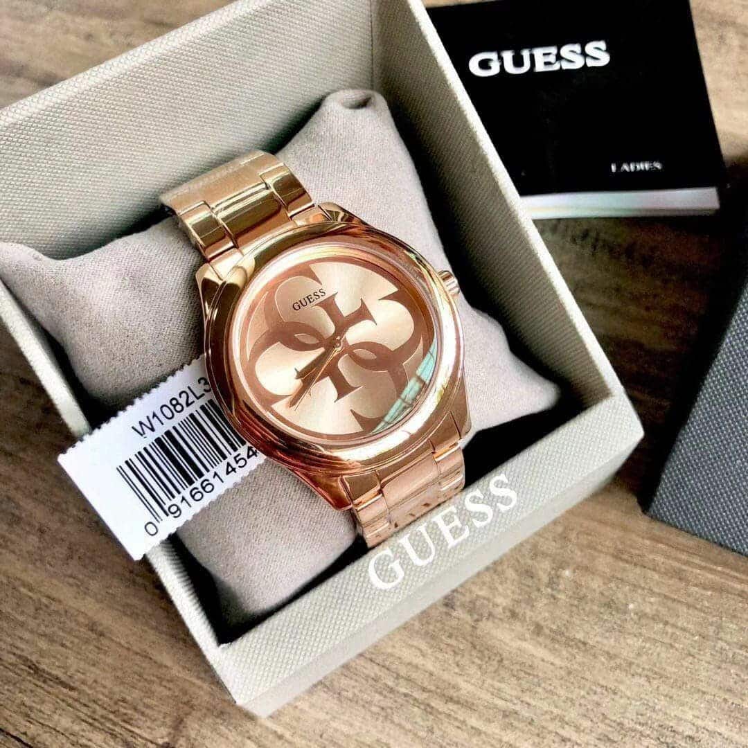 Guess G-Twist women's watch packaged in official Guess box with documentation