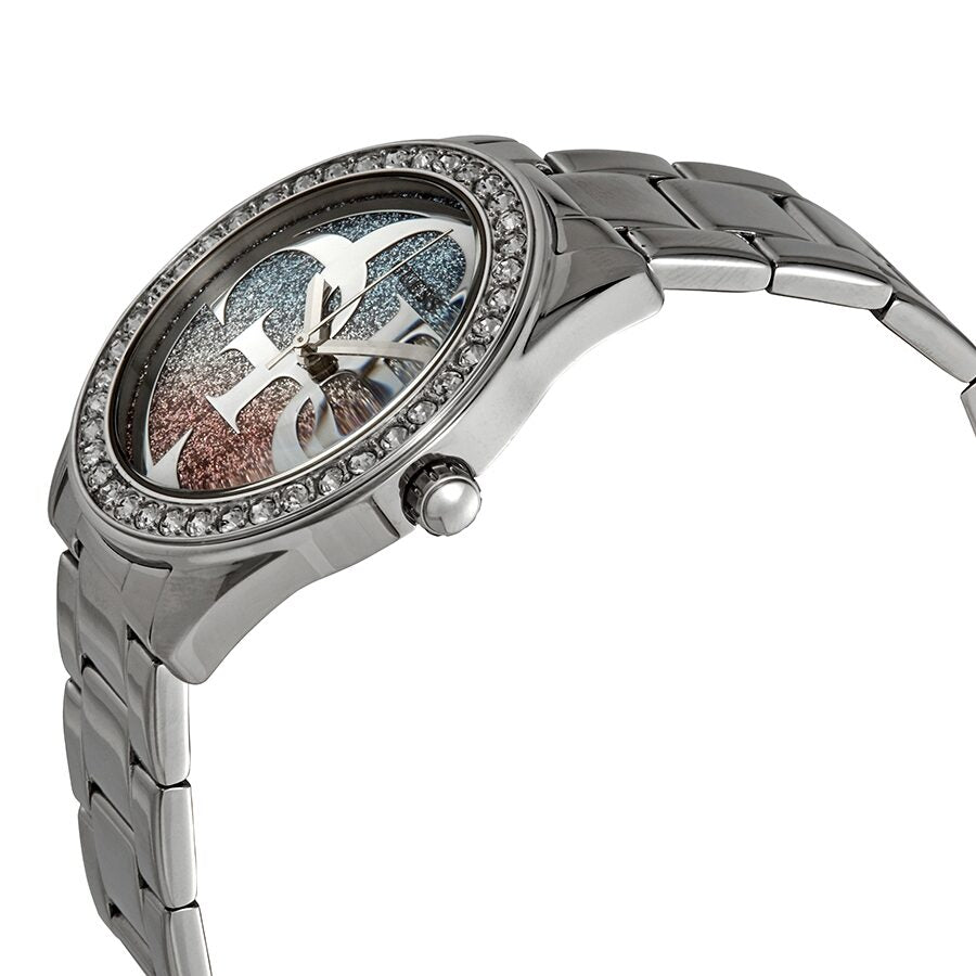 Guess G Twist watch angle view showing crystal-set bezel and metal bracelet