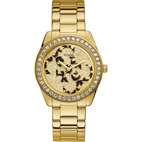 Guess G-Twist gold stainless steel women's watch with diamond bezel and patterned dial
