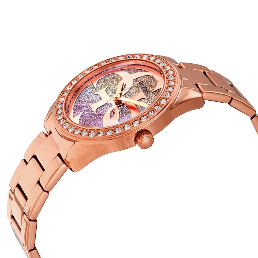 Guess G Twist watch shown at angle displaying rose gold bracelet and crystal bezel