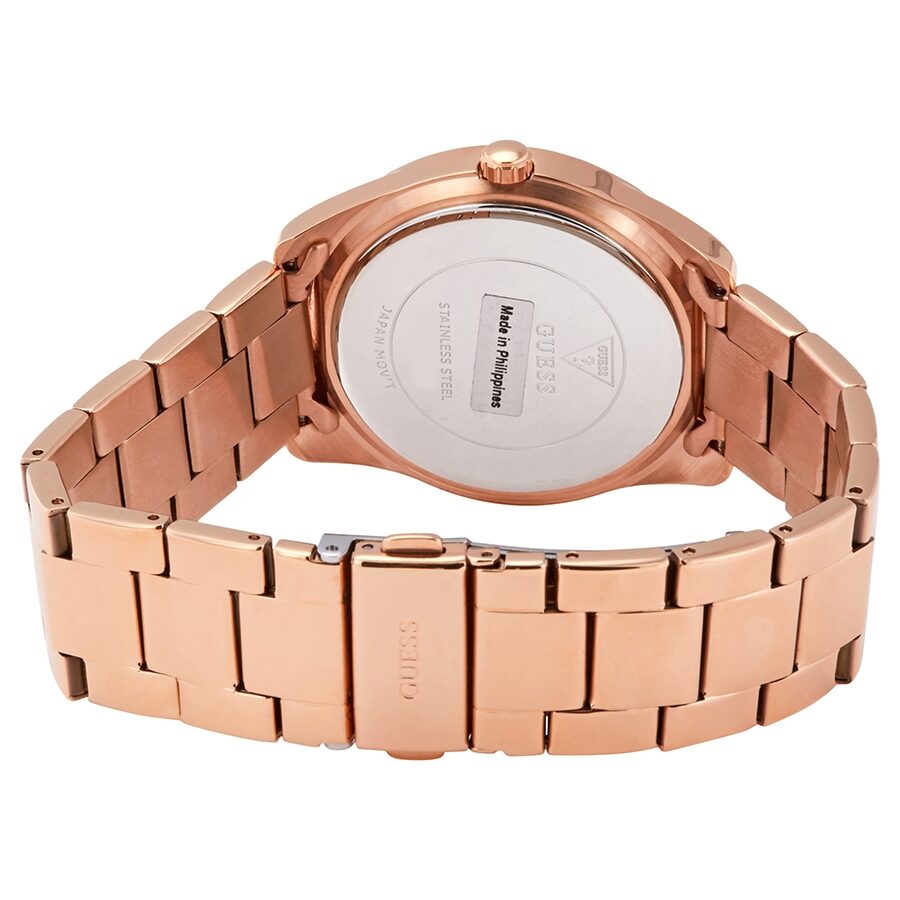 Caseback view of Guess G Twist watch showing rose gold-tone metal bracelet and case