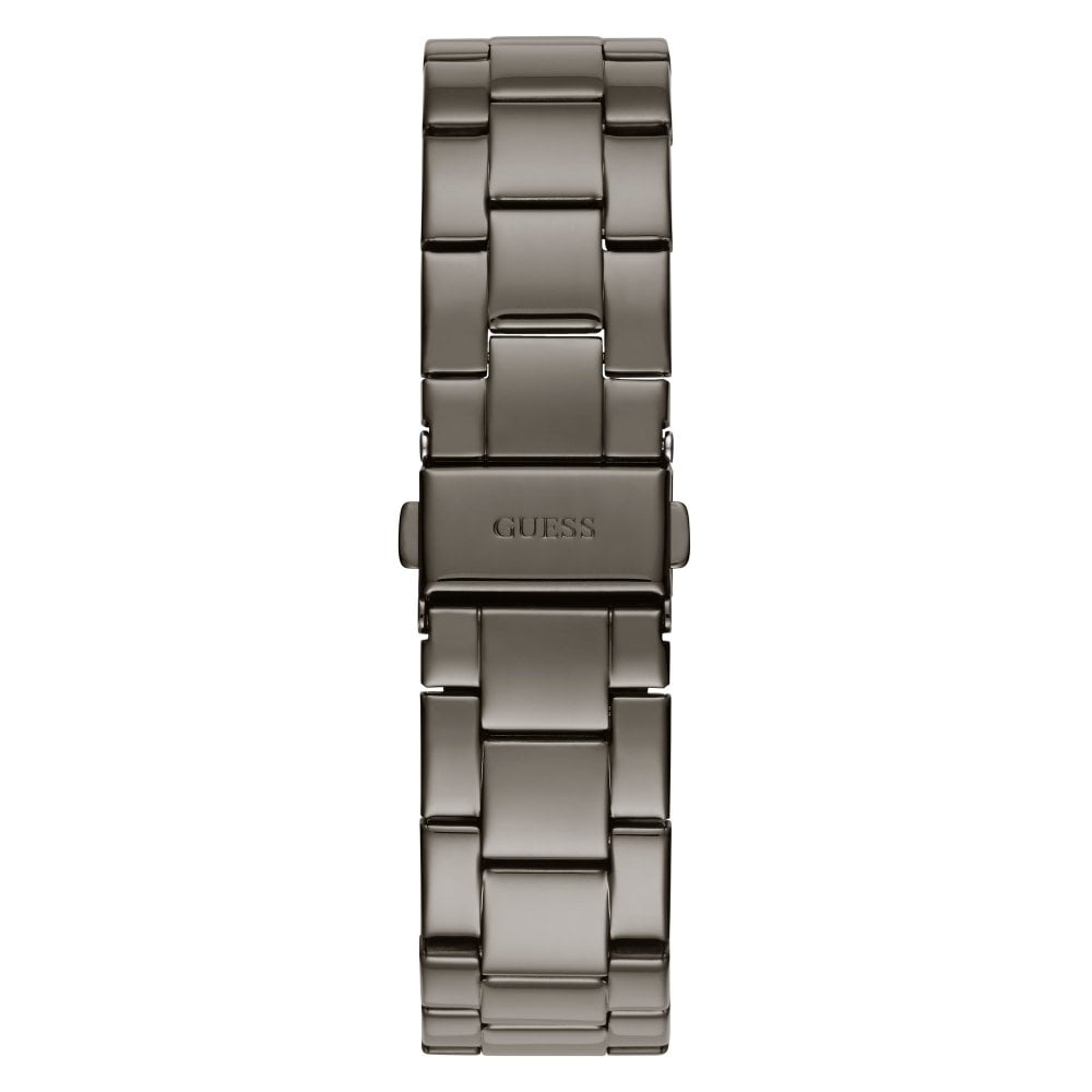 Gunmetal stainless steel bracelet detail with GUESS logo on Guess G Twist watch