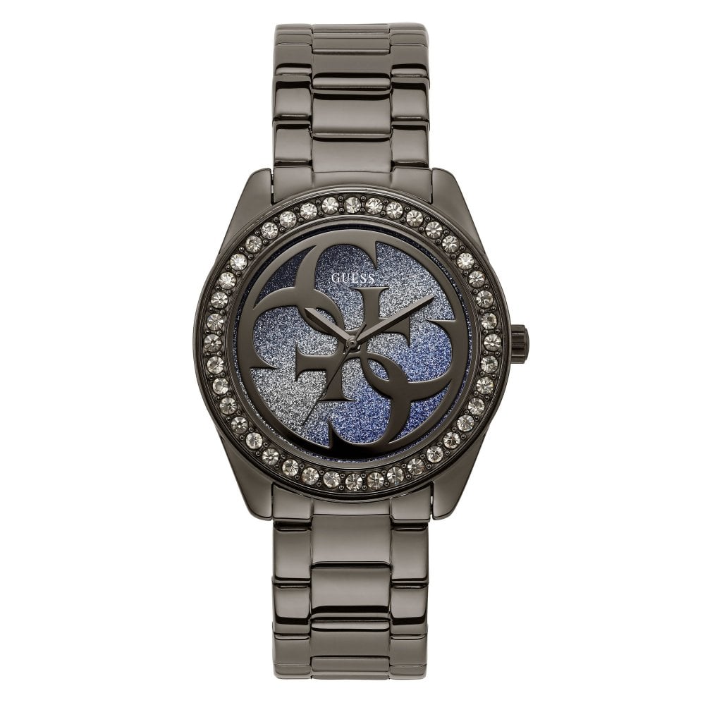 Guess G Twist women's watch with purple dial, crystal-set bezel, and gunmetal bracelet
