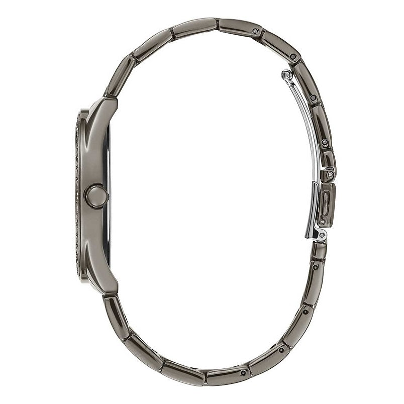 Gunmetal stainless steel bracelet with extended links on Guess G Twist watch