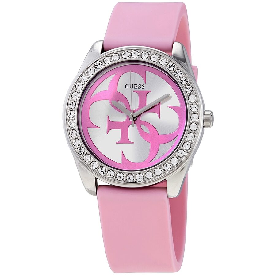 Guess G-Twist silver dial watch with G logo, pink silicone strap and crystal bezel