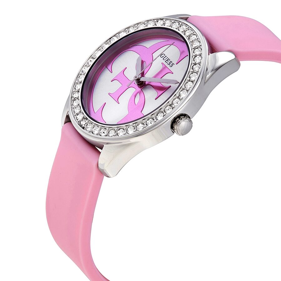 Guess G-Twist watch side view showing G logo on dial and pink silicone strap
