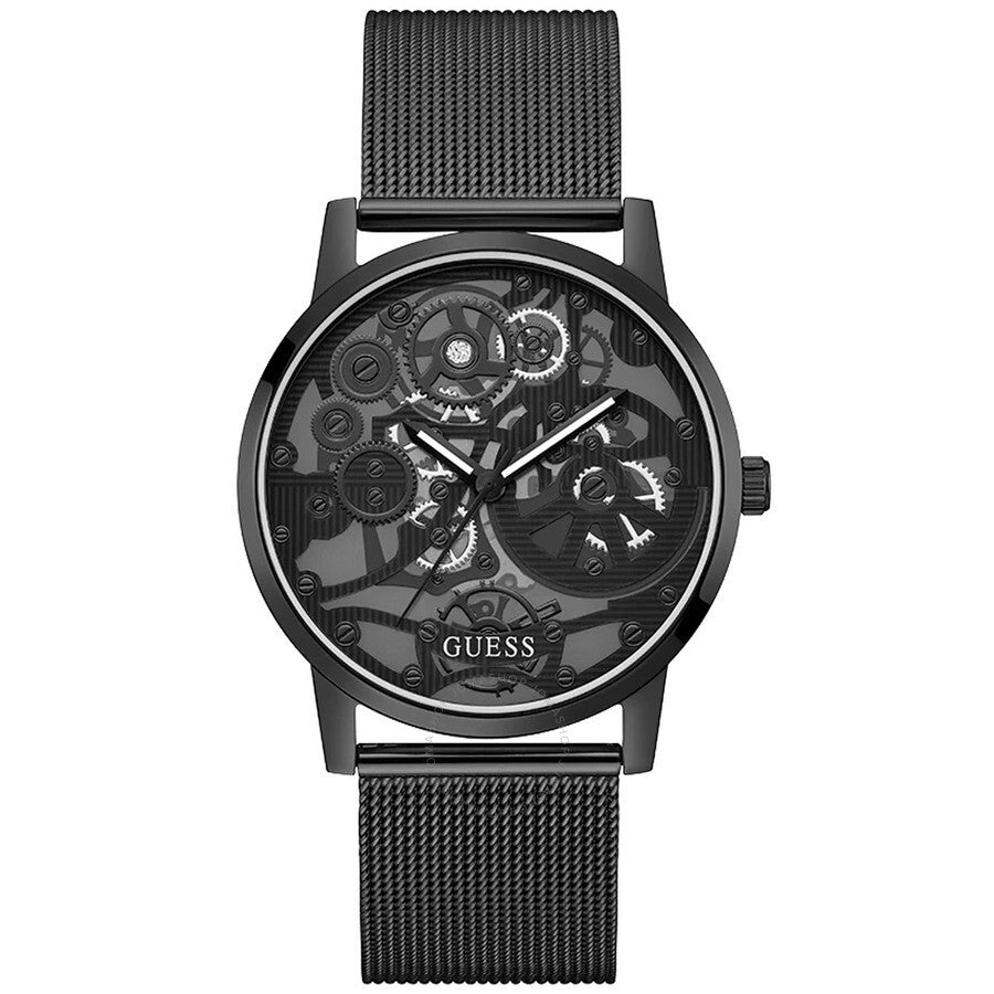 Guess Gadget black dial skeleton watch with black mesh strap