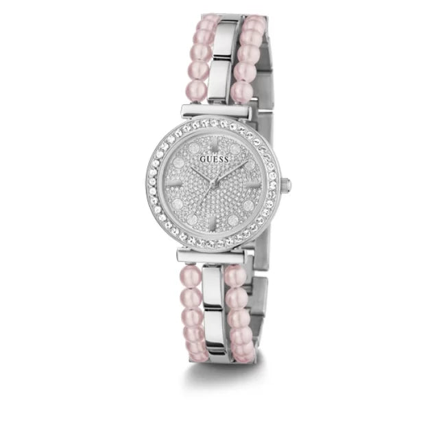 Guess Gala women's watch angled view showing silver case, crystal bezel, and pink pearl strap