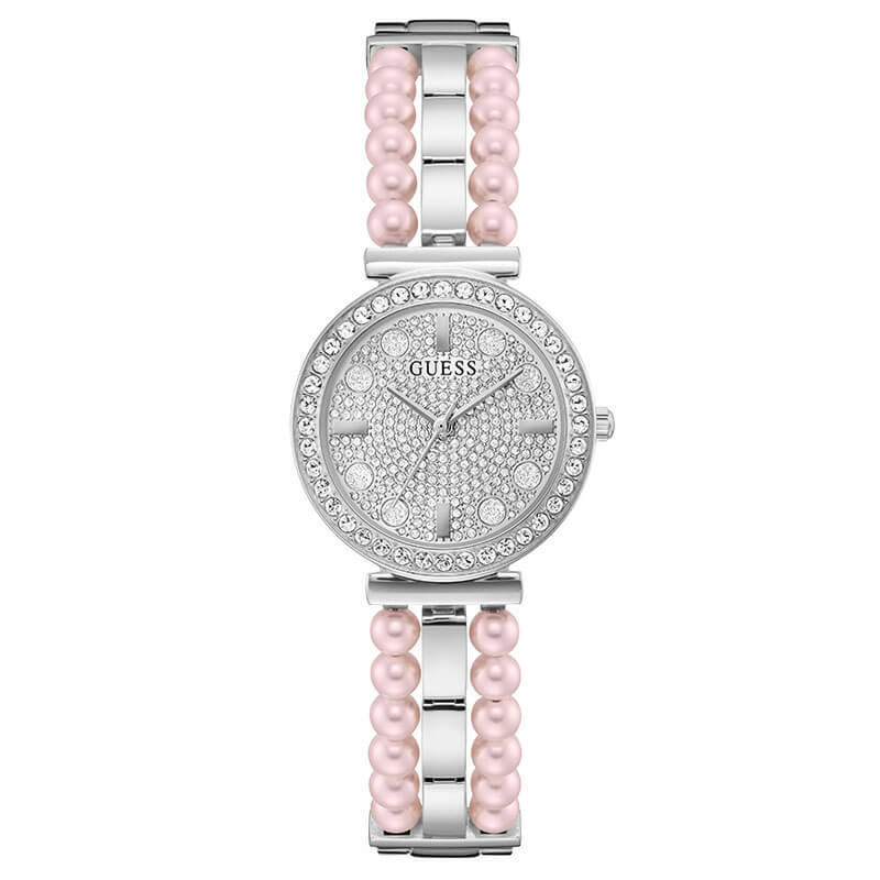 Guess Gala silver round dial women's watch with pink pearl and silver strap