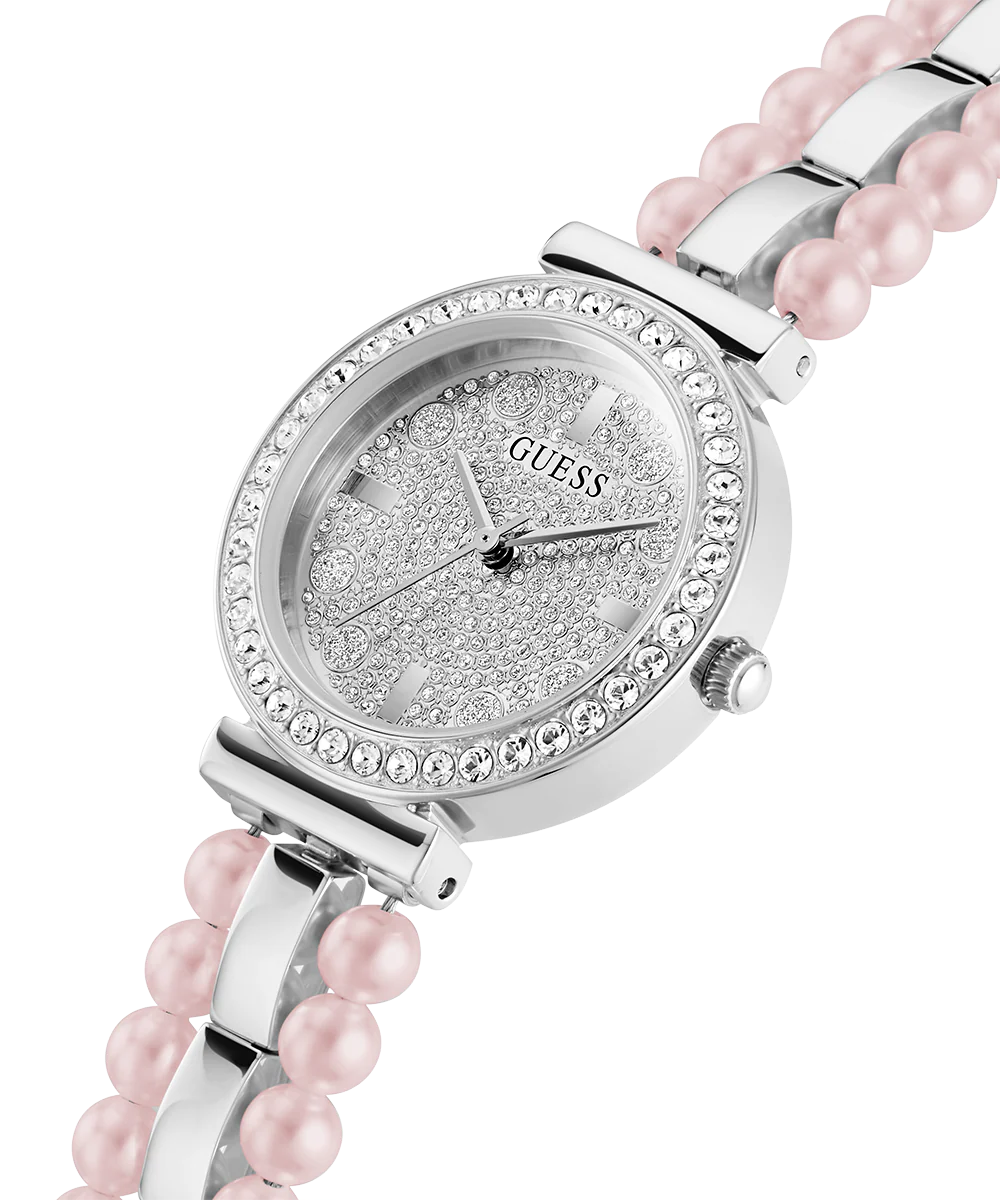 Guess Gala women's watch worn on wrist, displaying crystal-studded bezel and dial