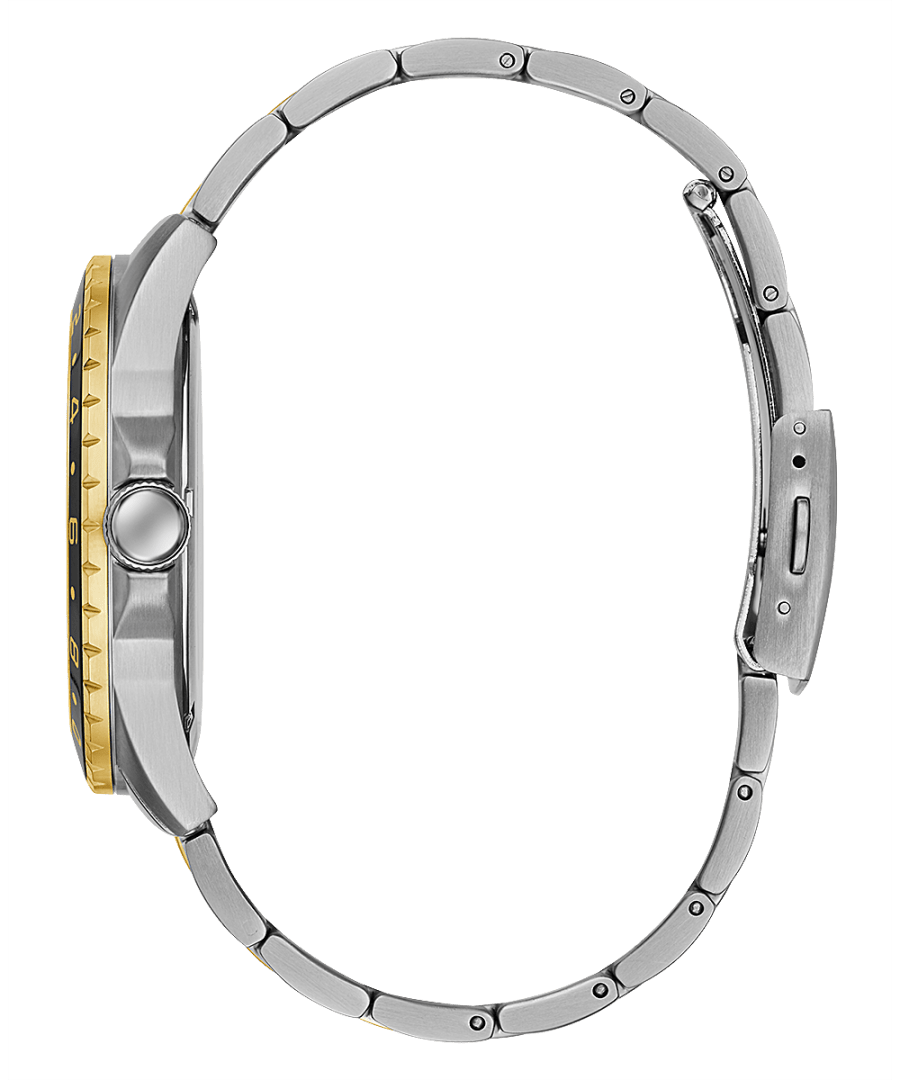 Side view of Guess Garrett watch showing two-tone stainless steel bracelet and case profile