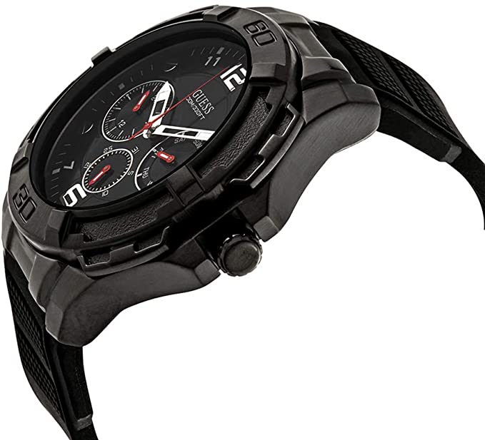 Guess Genesis chronograph watch at three-quarter angle displaying black dial and black case
