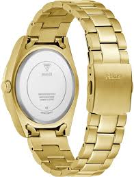 GUESS GENTS FRONTIER watch caseback and side profile displaying gold-tone case and link bracelet construction