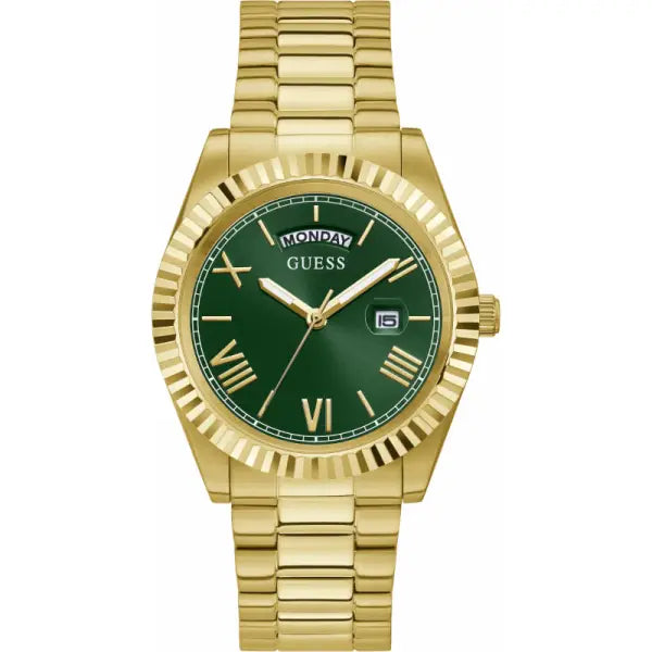 GUESS GENTS FRONTIER men's watch with gold case, green dial, Roman numerals, and gold bracelet strap