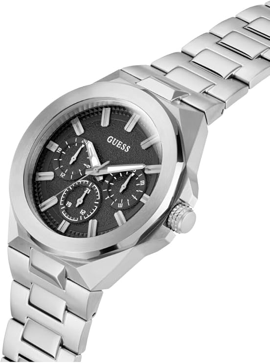 Guess GW0798G1 multifunction watch at angle showing stainless steel case and chronograph dials